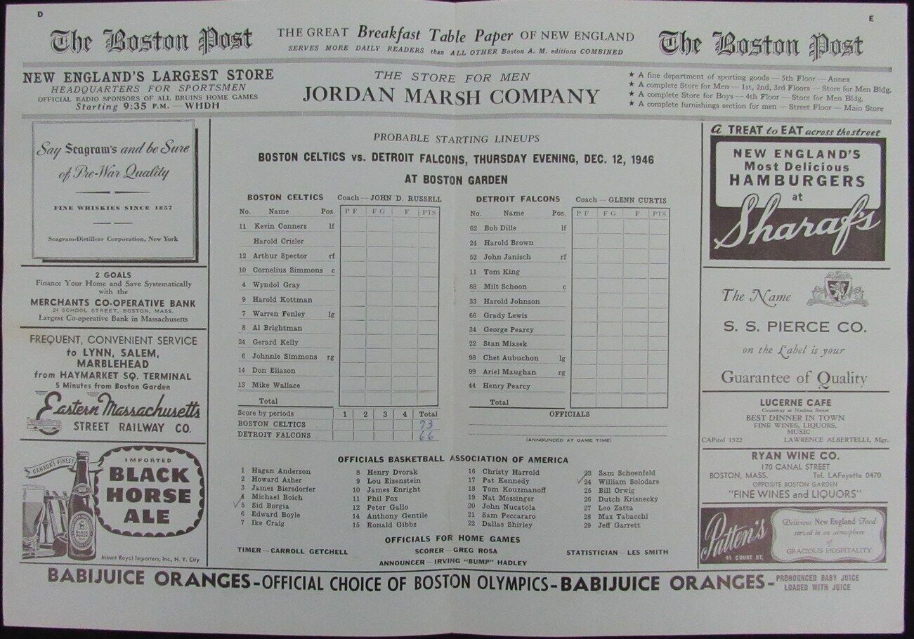 Vintage 1946 Boston Celtics vs. Detroit Falcons Game Program 176876