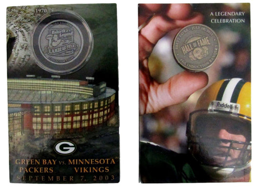Lot of 2 GB Packers Cards with Coins 2003 Lambeau Field and 2015 Brett Favre HOF