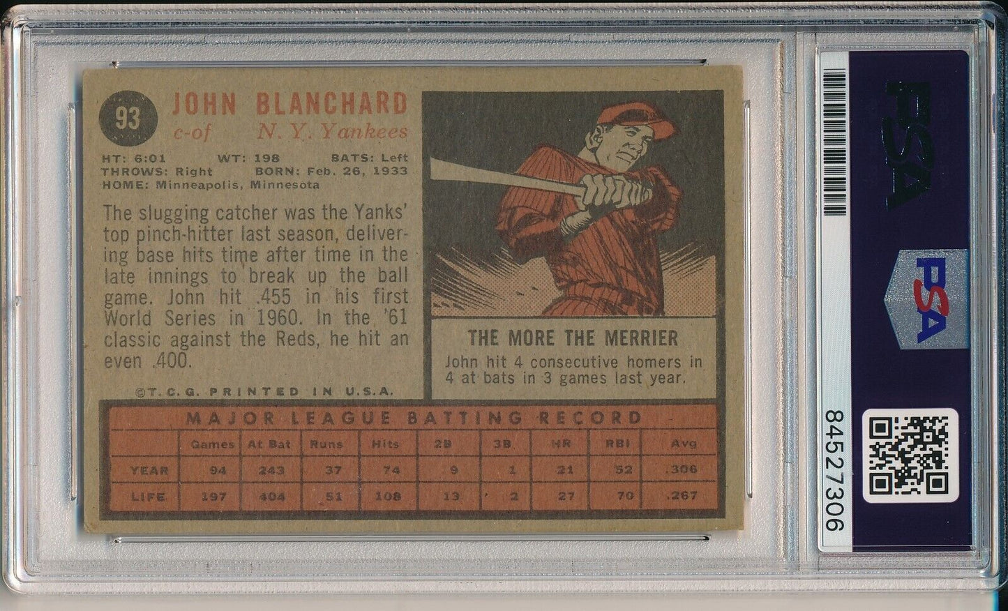 John Blanchard Yankees Signed/Autographed 1962 TOPPS Card #93 PSA/DNA 166541