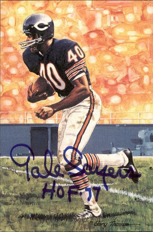 Gale Sayers HOF Bears Signed/Inscr Goal Line Art GLAC Postcard JSA 167176