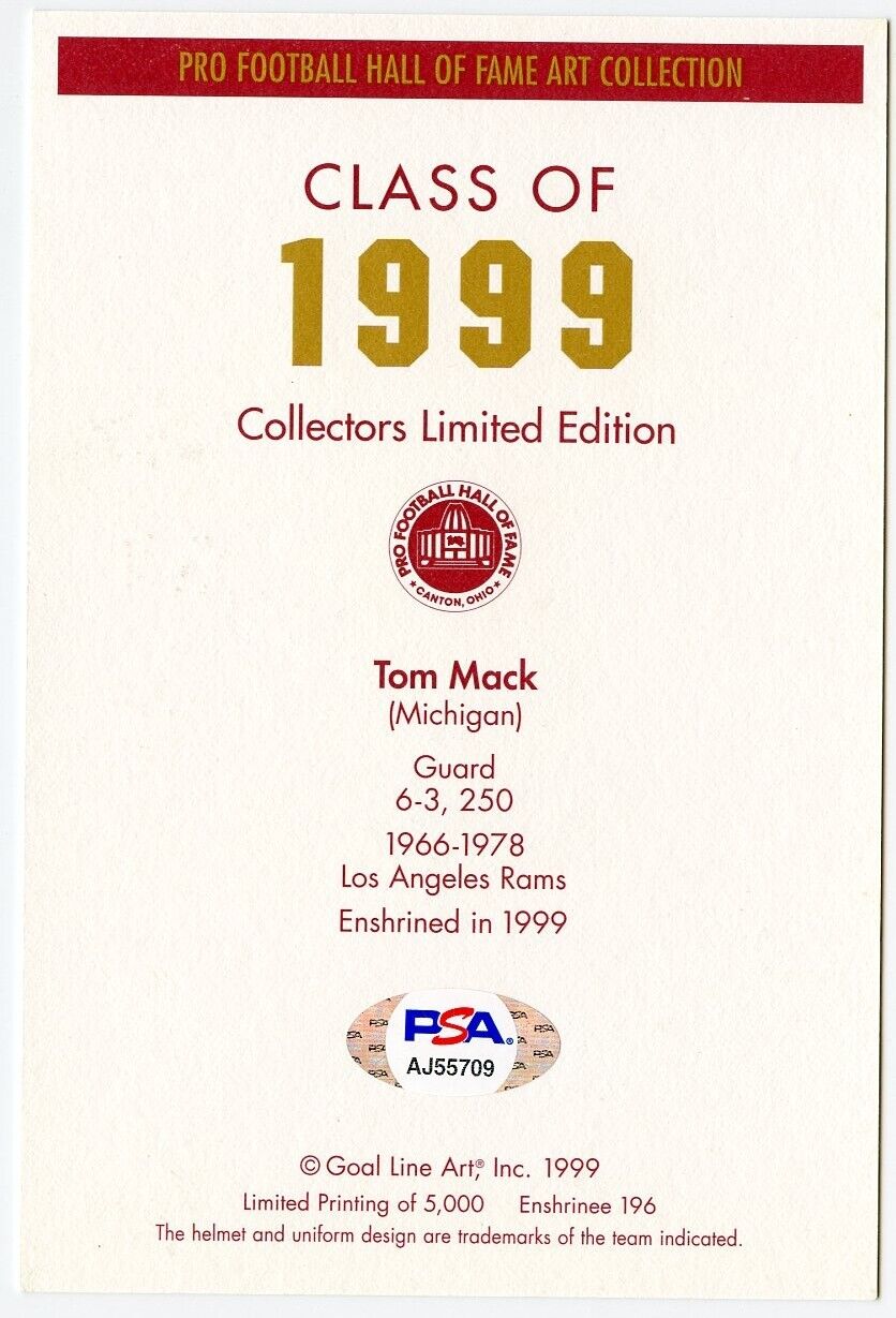 Tom Mack Signed/Auto Goal Line Art GLAC Postcard w/HOF Rams PSA/DNA 160287