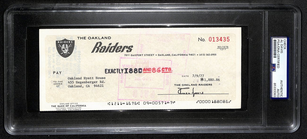 Al Davis HOF Signed/Autographed 8.5x3.5 Bank Check Raiders PSA/DNA 193223