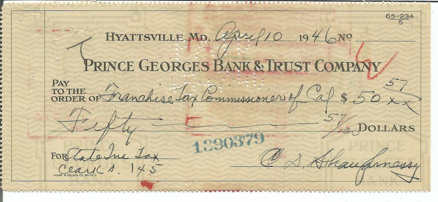 Clark Shaughnessy CHOF Signed/Autographed 1946 Bank Check 150335