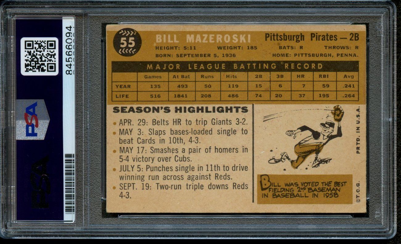 1960 Topps Bill Mazeroski #55 Card Signed/Auto PSA/DNA GEM MINT 10 167777