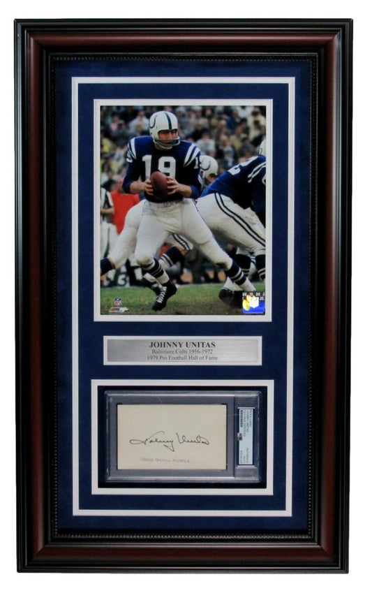 Johnny Unitas HOF Signed 3x5 Index Card w/ Photo Colts Framed PSA/DNA 191614