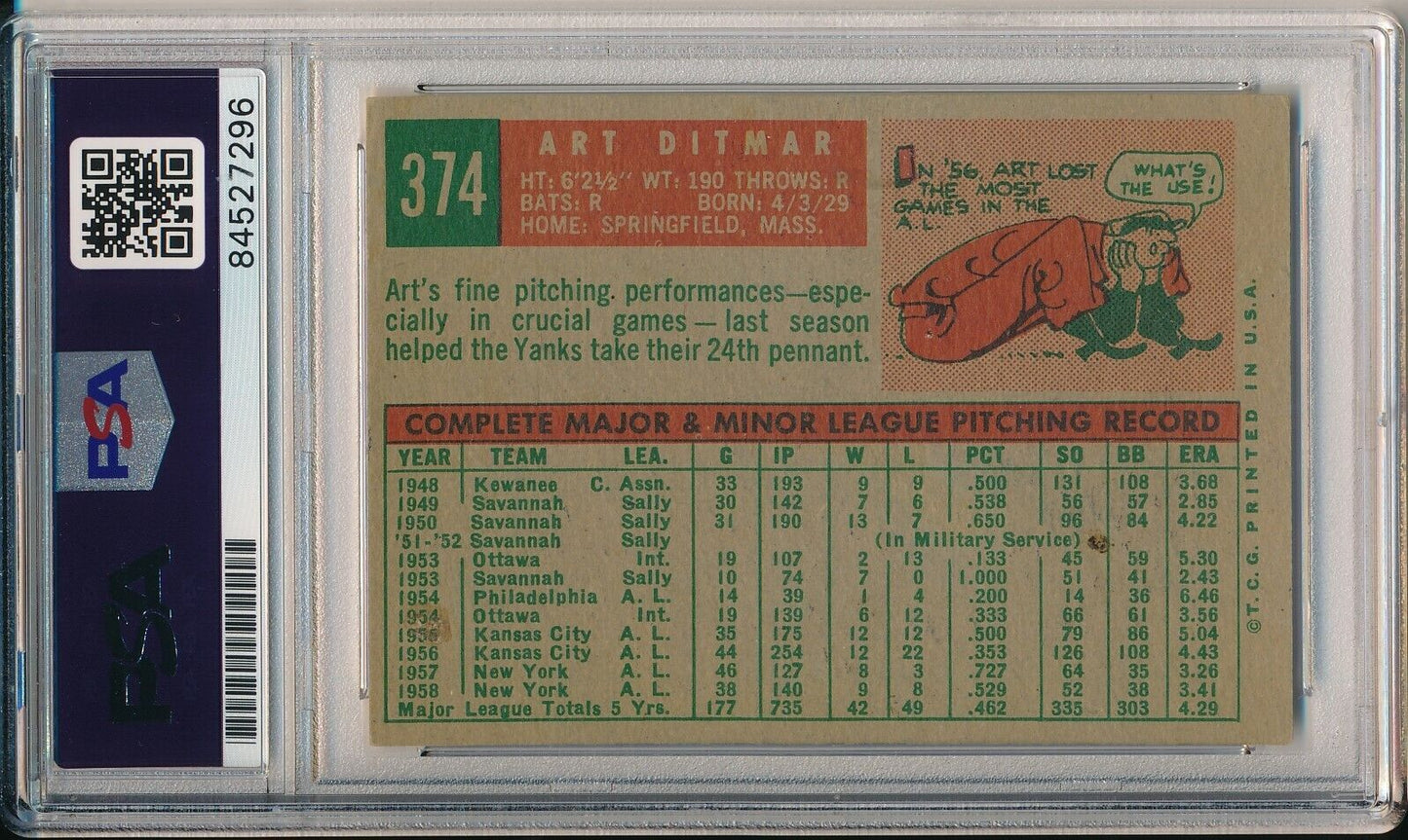 Art Ditmar Yankees Signed/Autographed 1959 TOPPS Card #374 PSA/DNA 166530