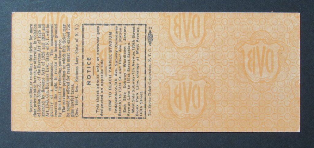 1949 Notre Dame Irish vs. UNC Tar Heels Proof Ticket 11/12/49 Yankee Stadium