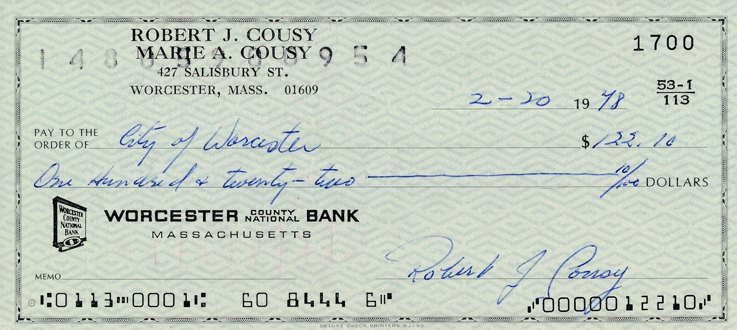 Bob Cousy HOF Boston Celtics Signed/Autographed 1978 Bank Check JSA 165567