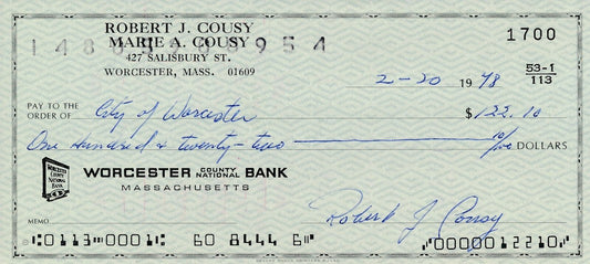 Bob Cousy HOF Boston Celtics Signed/Autographed 1978 Bank Check JSA 165567