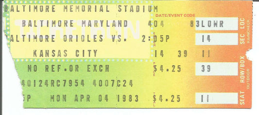 1983 Baltimore Orioles Opening Day vs. Royals Baseball Game Ticket Stub 151138