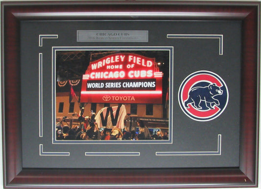 Wrigley Field Cubs 2016 WS Champs Unsigned 8x10 Photo & Cub Logo Framed 146607