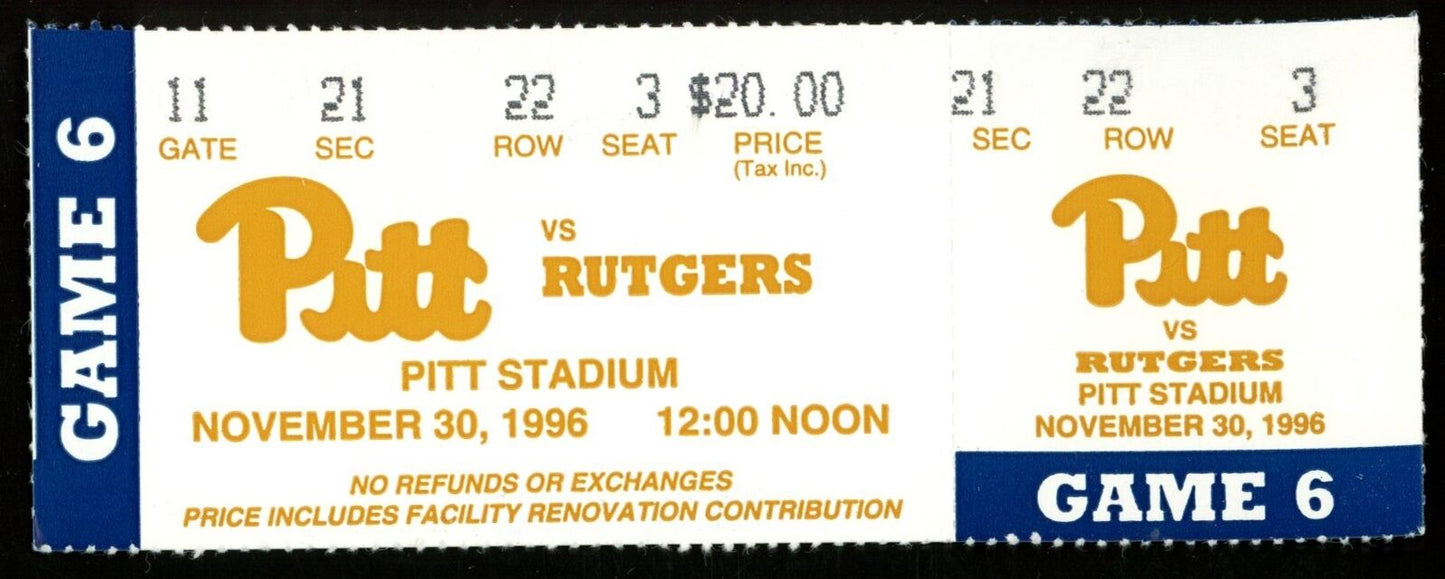 November 30, 1996 Pitt vs. Rutgers College Football Game Full Ticket