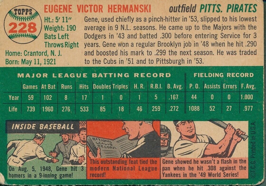 Gene Hermanski Pirates Signed/Auto 1953 Topps Baseball Card #228 162320