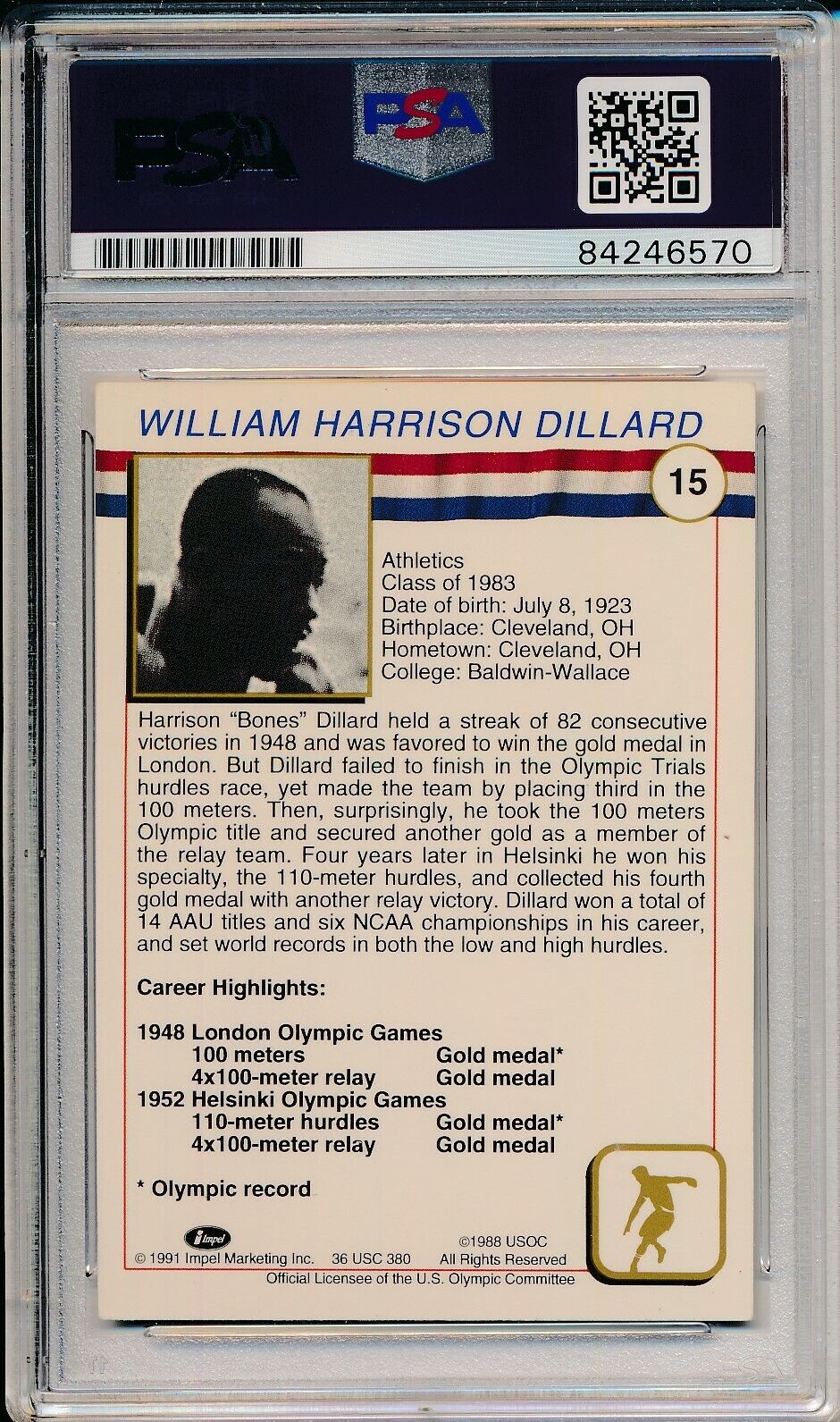 Harrison Dillard USA Olympic HOF Signed 1991 Impel Card #15 PSA/DNA 155276