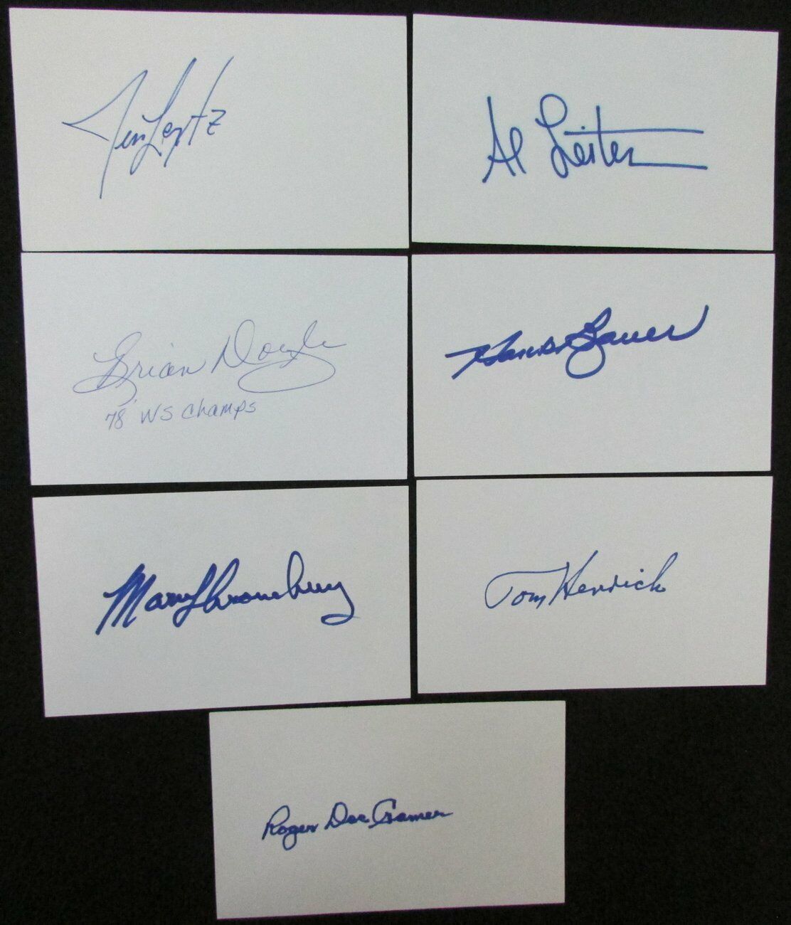 Lot of 7 Yankees Signed 3x5 Index Cards Leyritz Bauer Throneberry Doyle 151119