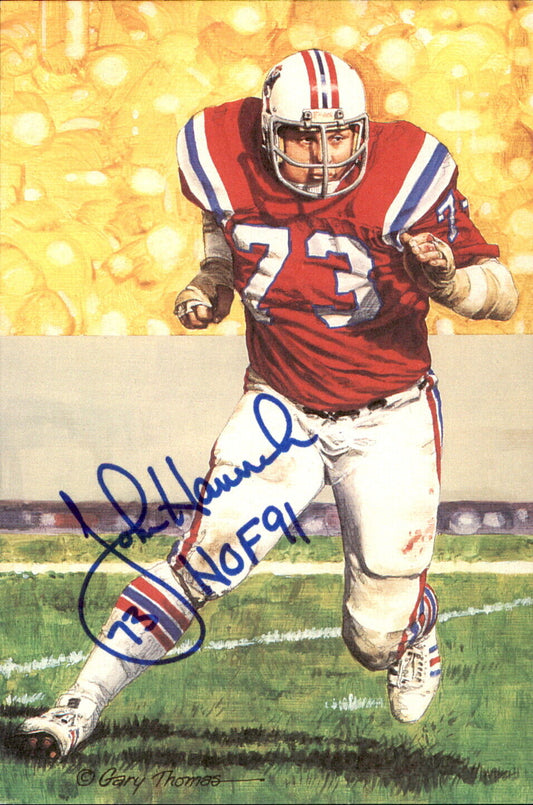 John Hannah HOF Autographed/Inscr Goal Line Art GLAC Postcard Patriots JSA