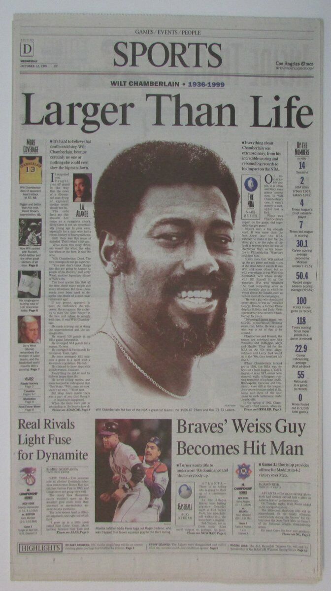 Wilt Chamberlain Lakers/76ers Dies 1999 Los Angles Times Newspaper 147886