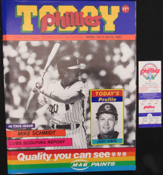 1987 Philadelphia Phillies Today Program ticket vs. Cubs Schmidt Cover 157929