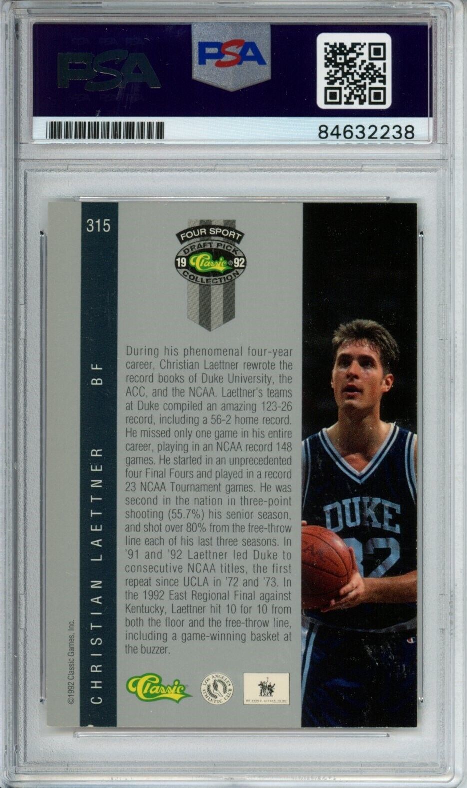 1992 Classic Four Sport #315 Christian Laettner Duke PSA/DNA