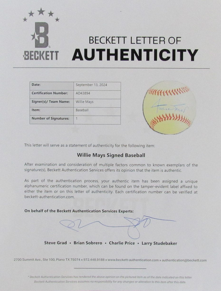 Willie Mays HOF Autographed ONL Baseball San Francisco Giants Beckett 193291