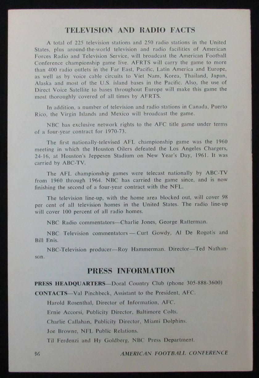 1971 NFL AFC Championship Game Media/Press Guide Colts vs. Dolphins 188818