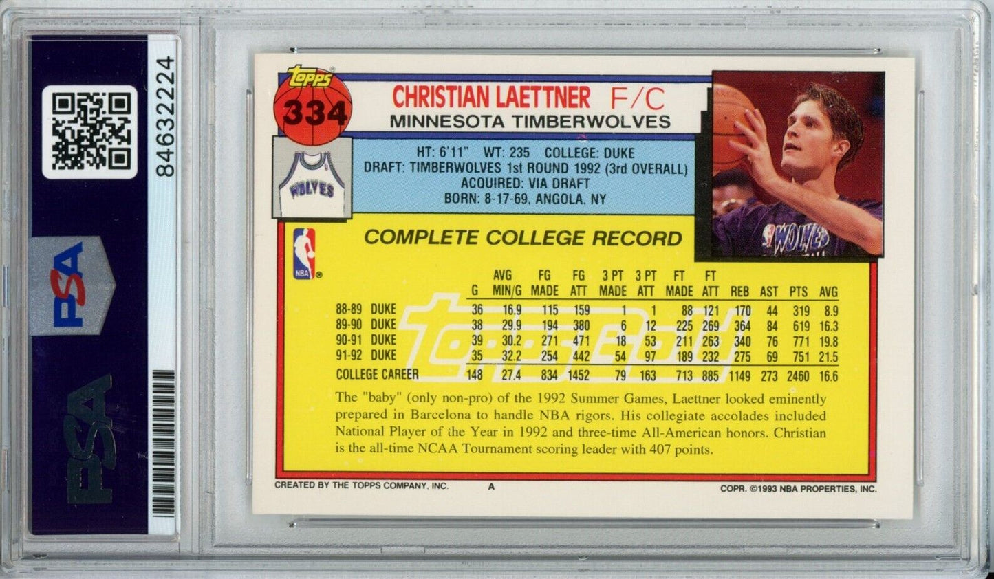 1992-93 TOPPS Gold Rookie #334 Christian Laettner Timberwolves PSA/DNA