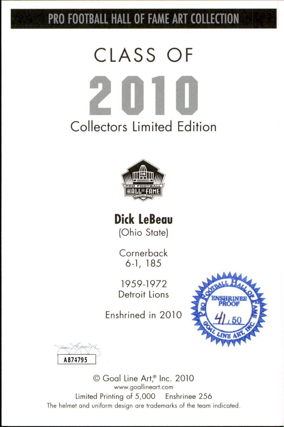 Dick LeBeau HOF Autographed Goal Line Art GLAC Postcard LE 41/50 Lions JSA