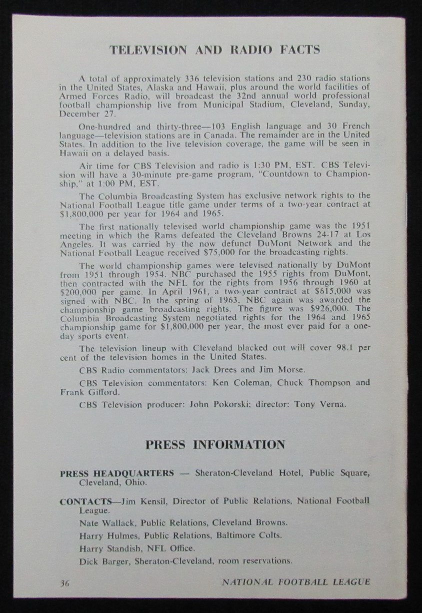 1964 NFL World Championship Game Media/Press Guide Colts vs. Browns 188807