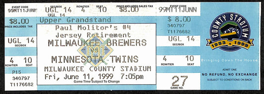 6/11/1999 Full Ticket Twins vs. Brewers Paul Molitor Number Retired BA187545