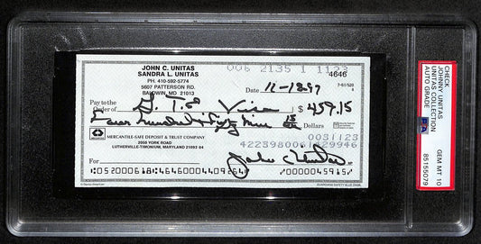 Johnny Unitas HOF Signed/Auto 1997 Bank Check Colts PSA/DNA GEM MT 10 192618