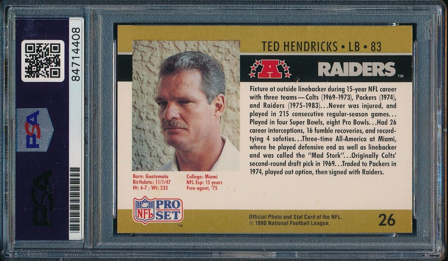 1990 Pro Set Ted Hendricks HOF #26 Card Signed Raiders PSA/DNA 176373