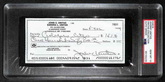 Johnny Unitas Signed 6/3/02 Check PSA/DNA GEM MT 10 188646