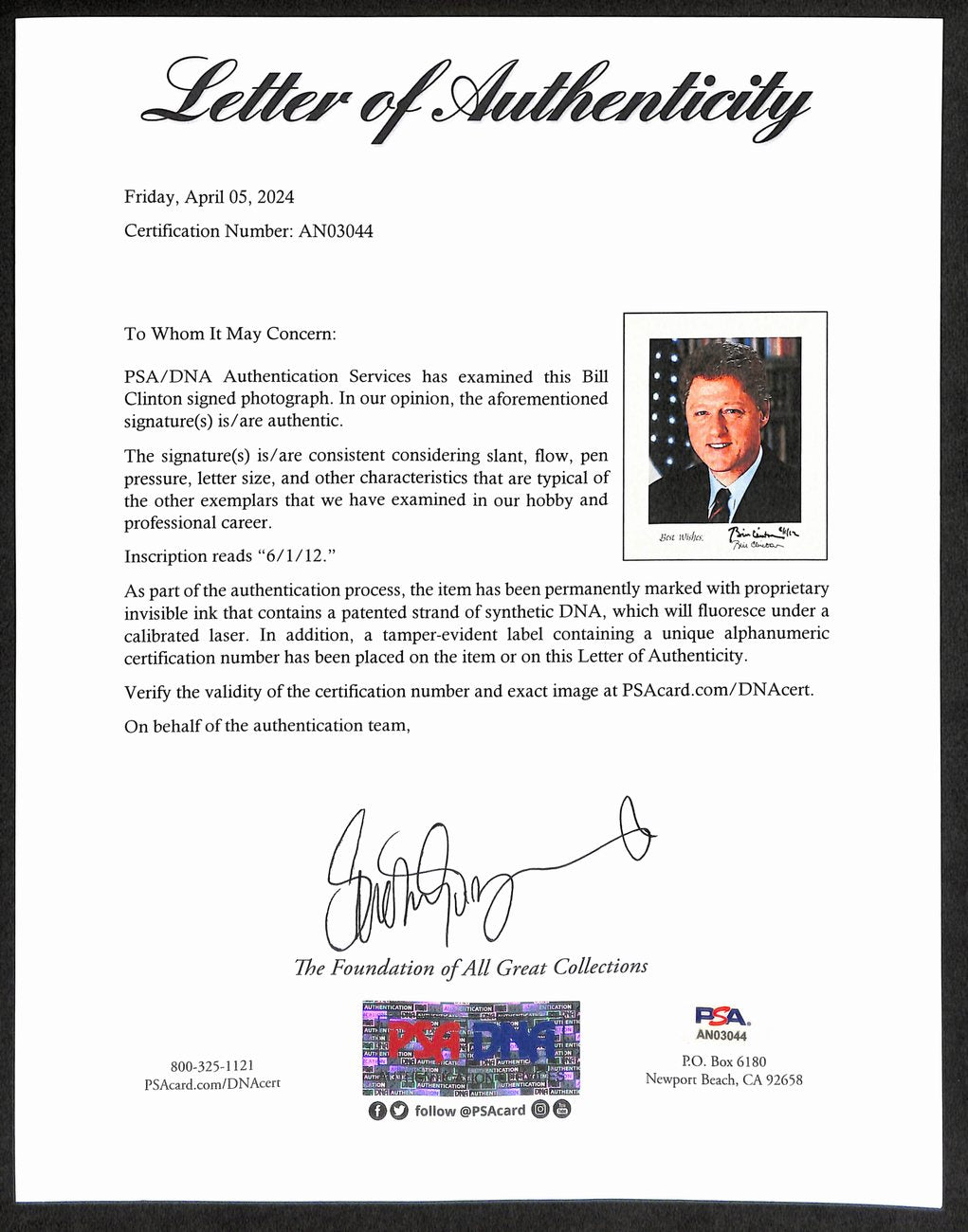 Bill Clinton Signed/Auto 8x10 Photo Former President PSA/DNA 188996