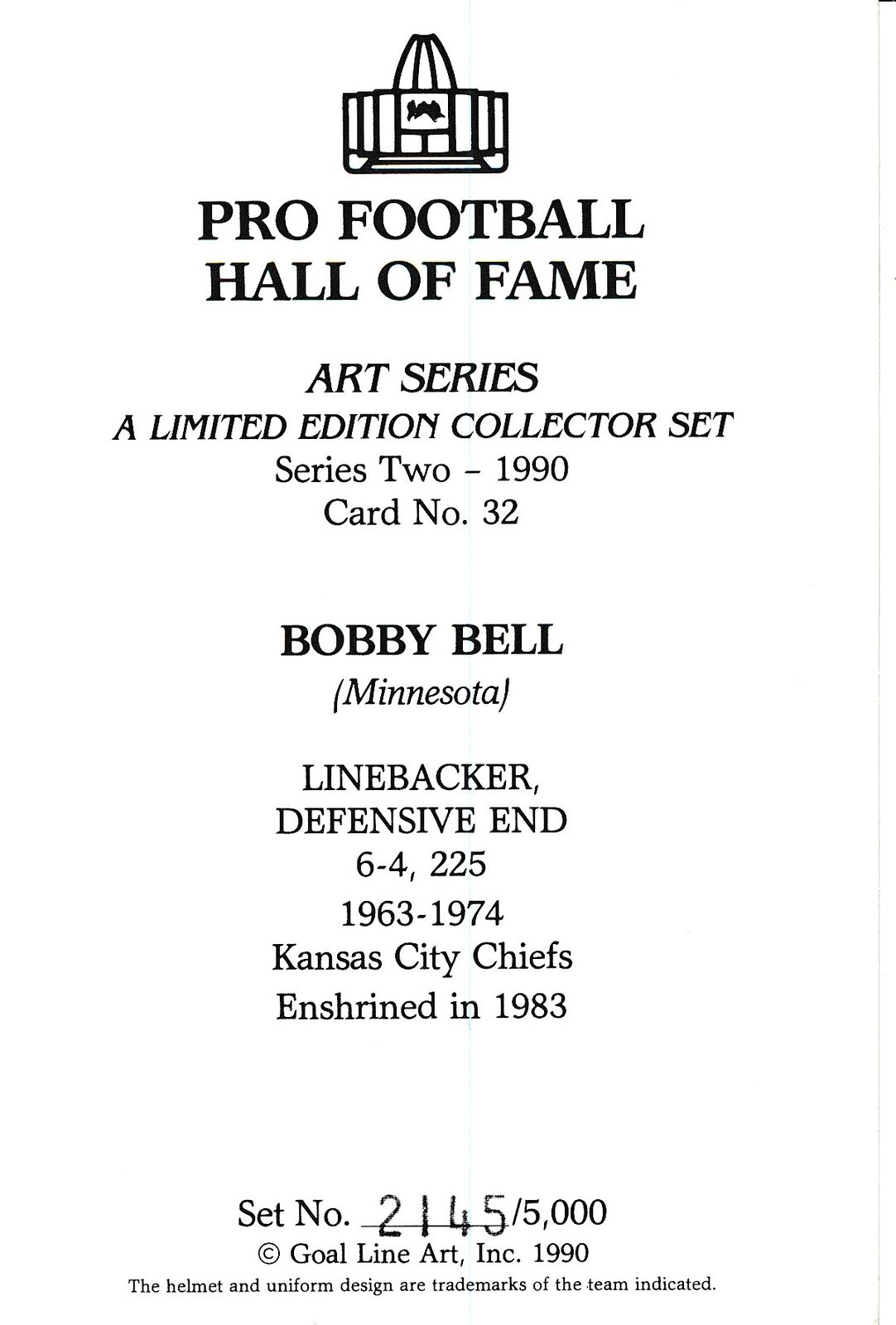 Bobby Bell HOF Chiefs Signed/Autographed Goal Line Art GLAC Postcard 163837