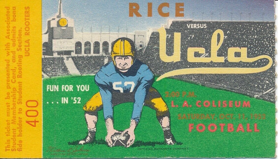 1952 Rice University vs. UCLA Football Game Ticket Stub 148502
