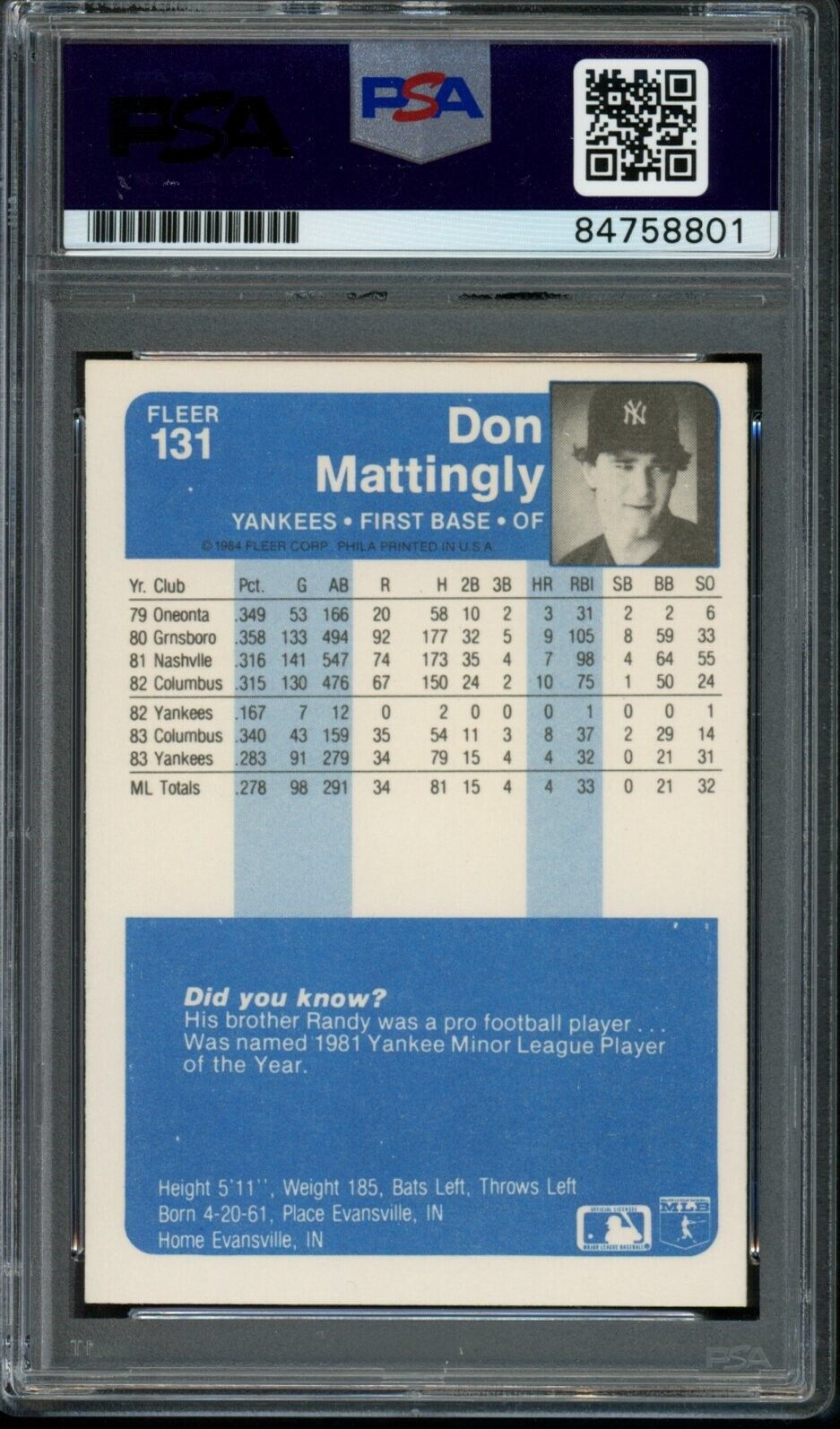 1984 FLEER Don Mattingly #131 Authentic Card Signed New York Yankees PSA/DNA