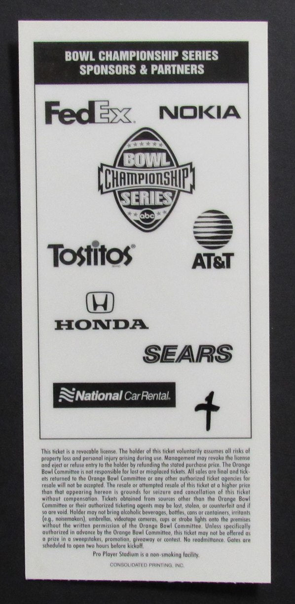 2001 Orange Bowl National Championship Ticket Stub Oklahoma vs. Florida State