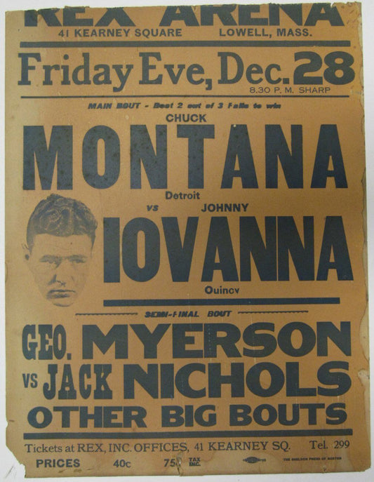 Chuck Montana vs. Johnny Iovanna 14x22 Wrestling Poster 1940's from Lowell, MA