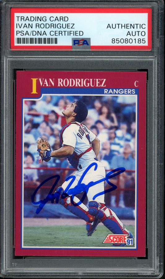 Ivan Rodriguez HOF Autographed 1991 Score Rookie Card #82T Rangers PSA/DNA