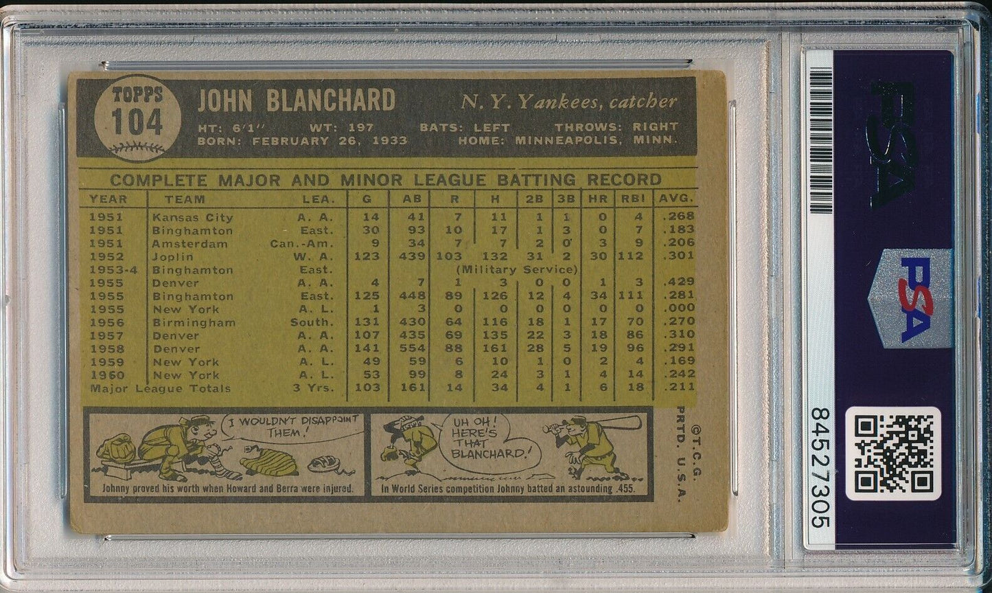 Johnny Blanchard Yankees Signed/Autographed 1961 TOPPS Card #104 PSA/DNA 166517