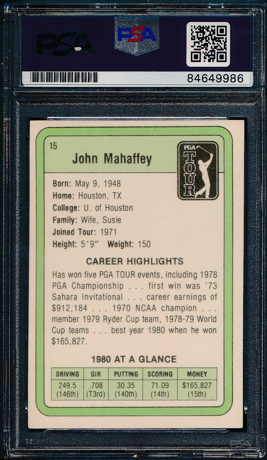 1981 DONRUSS PGA John Mahaffey #15 Authentic Card Signed PSA/DNA 176010