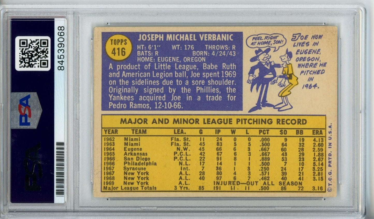 Joe Verbanic Yankees Signed/Autographed 1970 TOPPS Card #416 PSA/DNA 166884