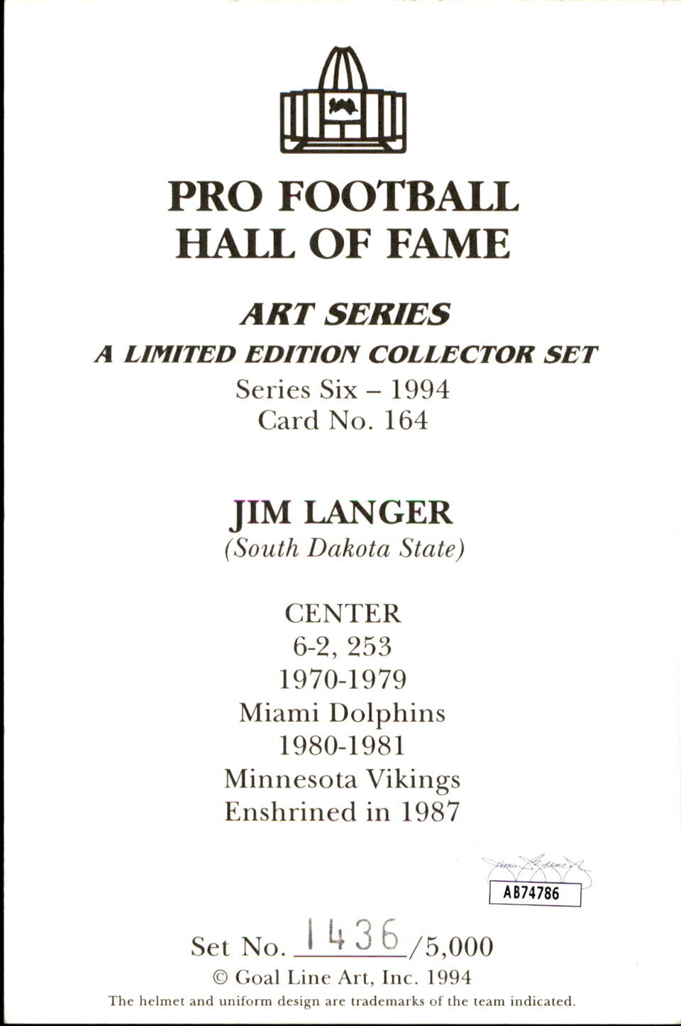 Jim Langer HOF Autographed/Inscr Goal Line Art GLAC Postcard Miami Dolphins JSA