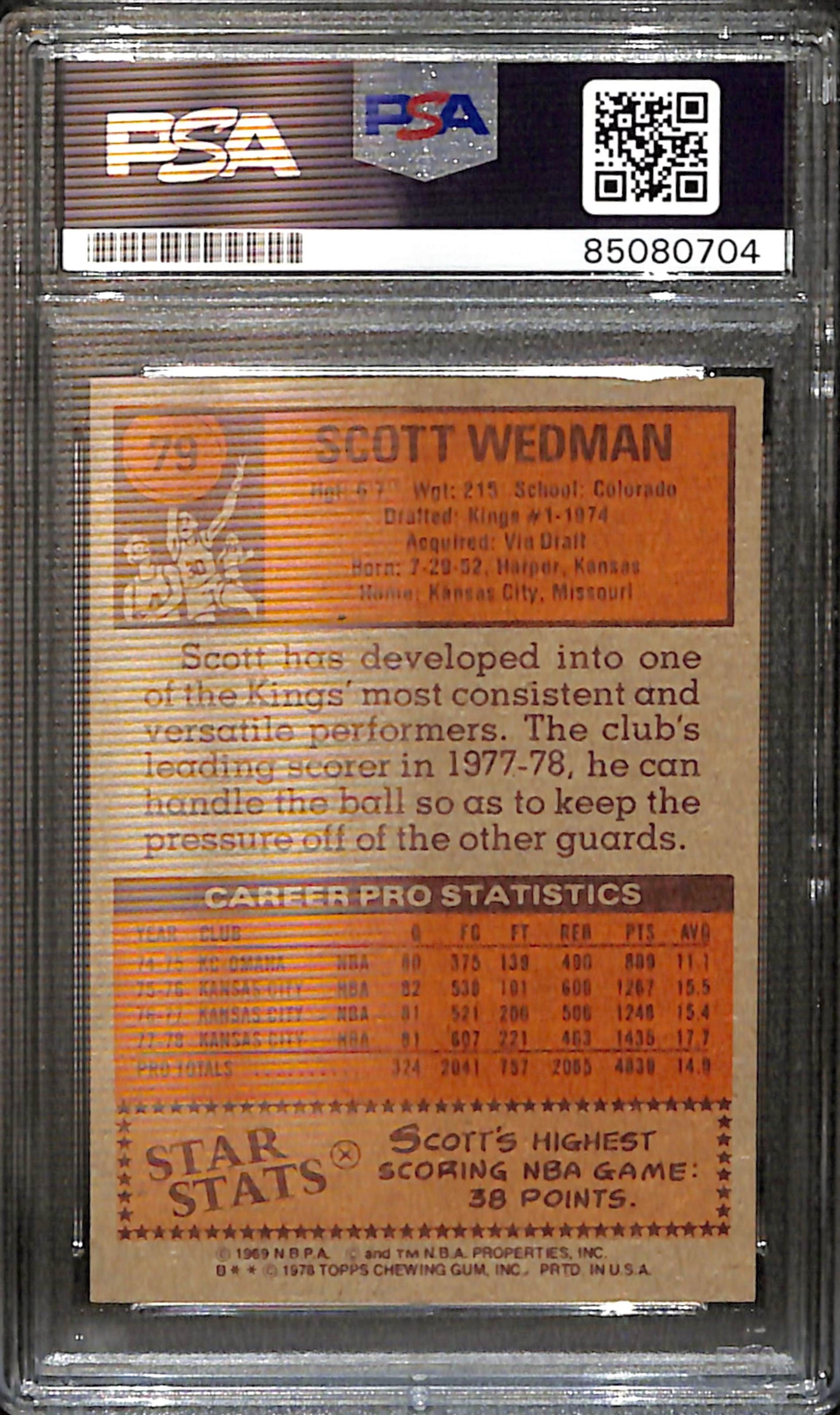 Scott Wedman Signed/Auto 1978 Topps Card #79 Kansas City Kings PSA/DNA 185425