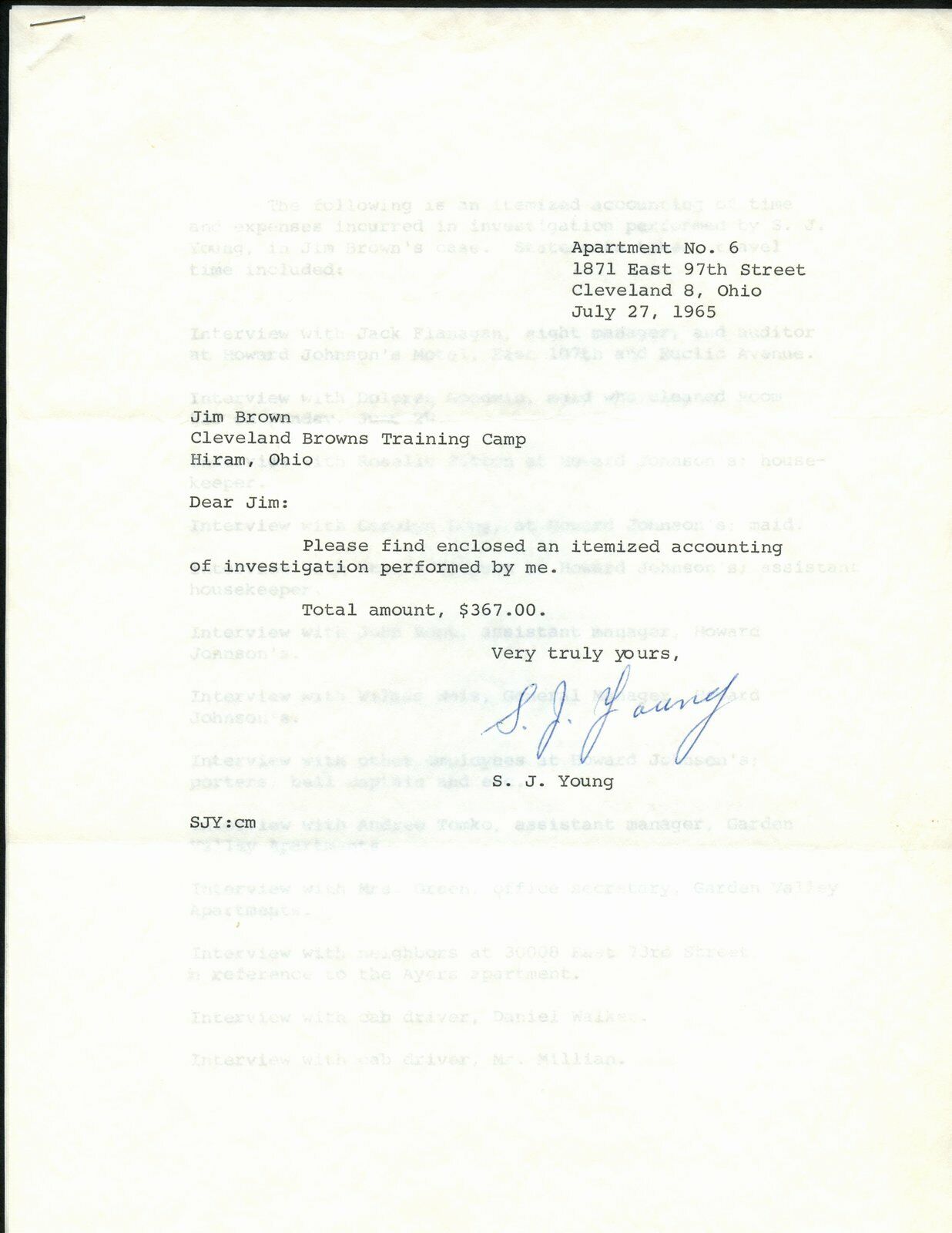 July 27,1965 Letter to Jim Brown for itemized legal Investigation  144995