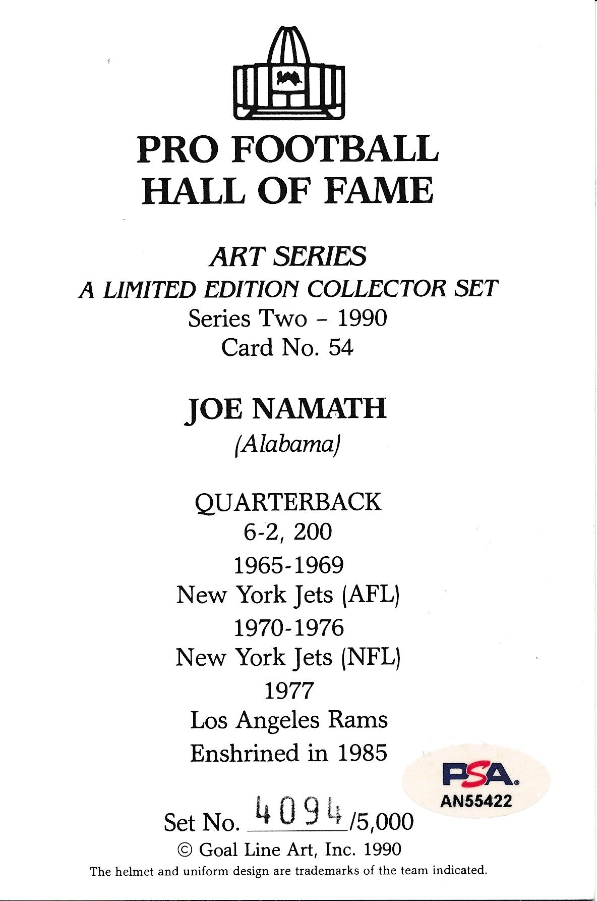 Joe Namath HOF Jets Signed 1990 GLAC/Goal Line Art Postcard PSA/DNA 186312