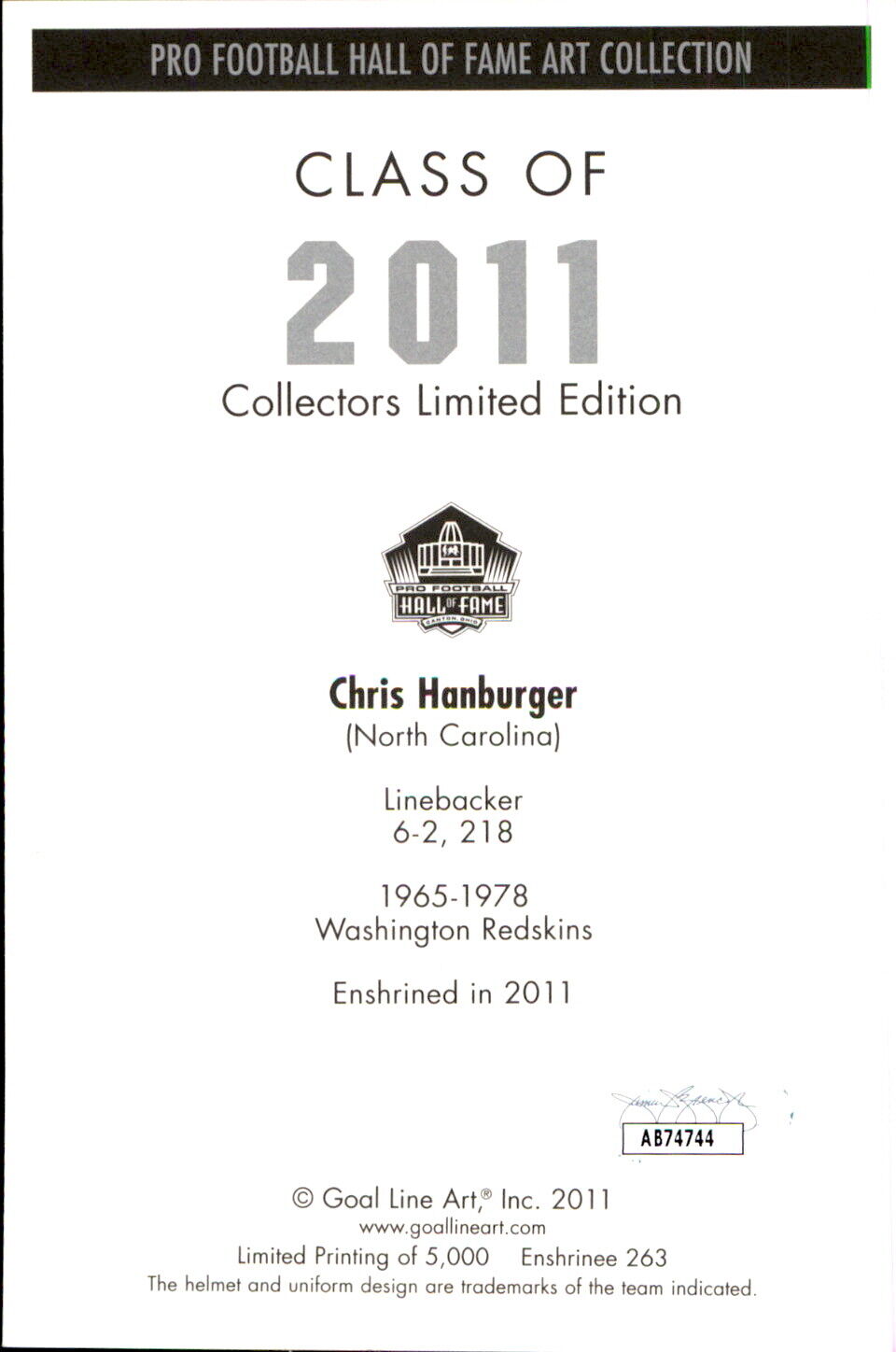 Chris Hanburger HOF Autographed/Inscr Goal Line Art GLAC Postcard Redskins JSA