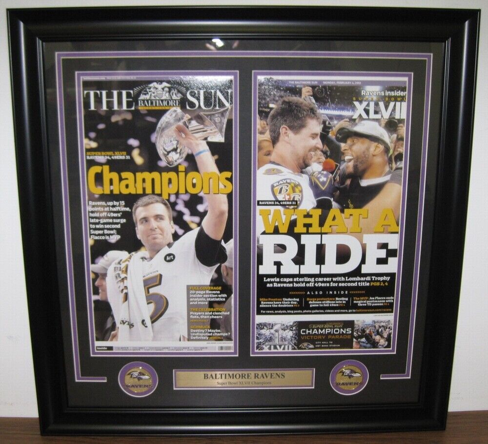 Ravens Super Bowl Champs Baltimore Sun Double Newspaper Cover Framed