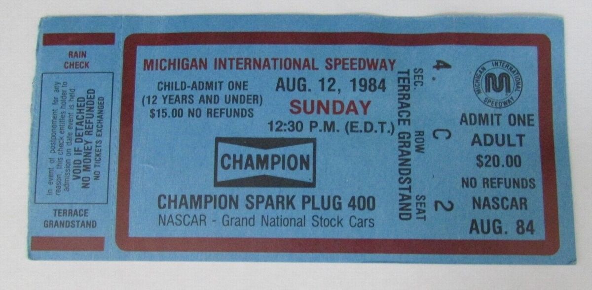 1984 Michigan Champion Spark Plug 400 Ticket Stub Darrell Wartrip Win 127678