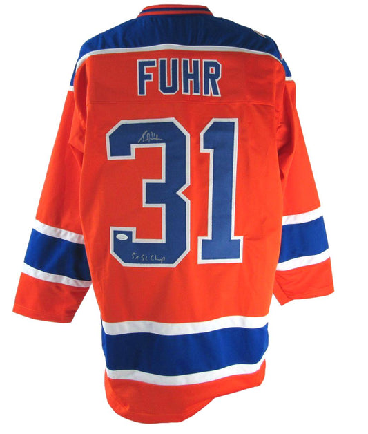 Grant Fuhr HOF Signed/Inscribed Oilers Red Custom Hockey Jersey JSA 161105